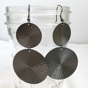 Double disc bronze black metal drop earrings 3.25"